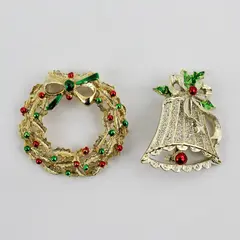 Lot of 2 Vintage Gerry's Gold-Tone Christmas Brooches Bell and Wreath