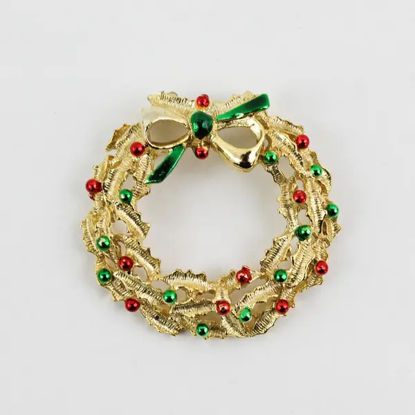 Lot of 2 Vintage Gerry's Gold-Tone Christmas Brooches Bell and Wreath