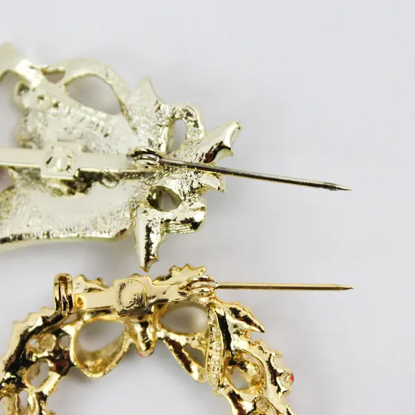 Lot of 2 Vintage Gerry's Gold-Tone Christmas Brooches Bell and Wreath