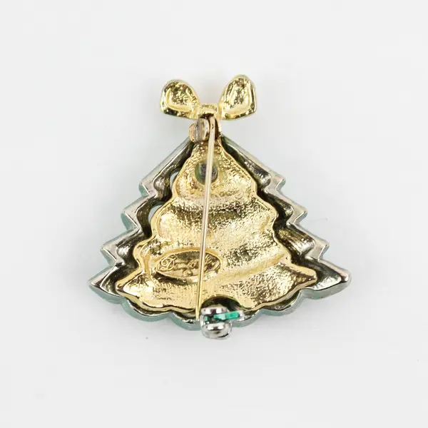 Vintage Danecraft Green and Gold-Tone Christmas Tree Brooch