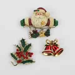 Lot of 3 Vintage Christmas Holiday Brooches Bells Holly Santa