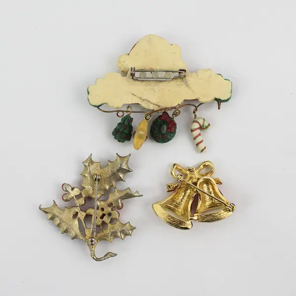Lot of 3 Vintage Christmas Holiday Brooches Bells Holly Santa