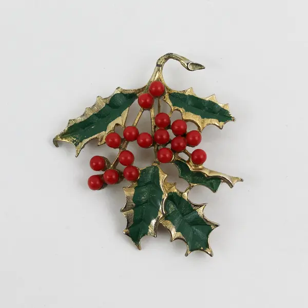 Lot of 3 Vintage Christmas Holiday Brooches Bells Holly Santa