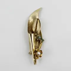 Vintage Gold Tone Flower Brooch with Faux Pearl and 2 Green Stone Accents 