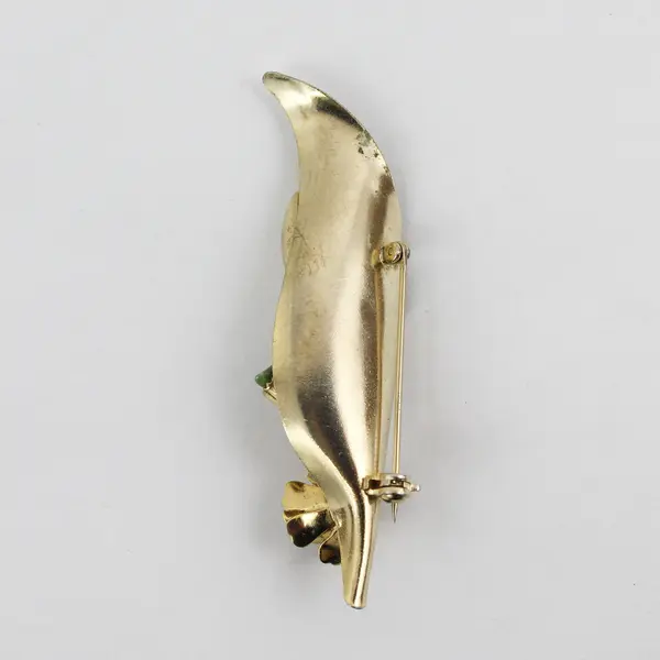 Vintage Gold Tone Flower Brooch with Faux Pearl and 2 Green Stone Accents 