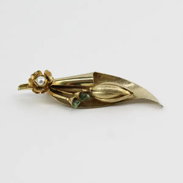 Vintage Gold Tone Flower Brooch with Faux Pearl and 2 Green Stone Accents 