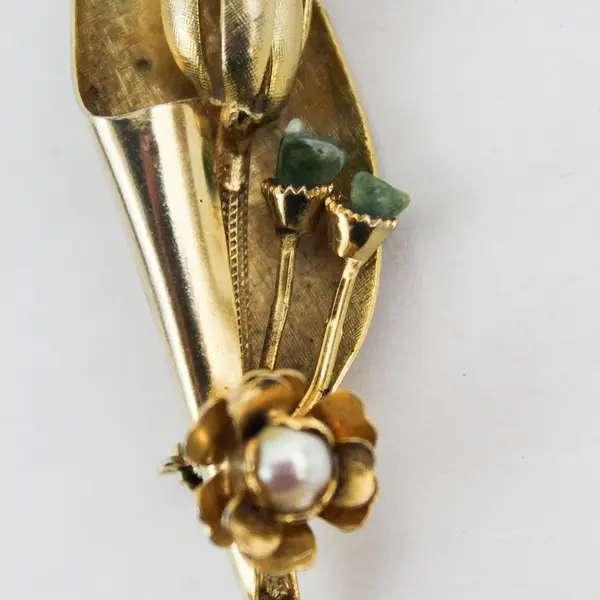 Vintage Gold Tone Flower Brooch with Faux Pearl and 2 Green Stone Accents 