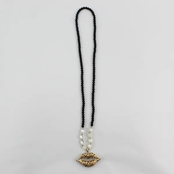 Onyx And Moonstone Beaded Necklace With Rhinestone Lips Pendant