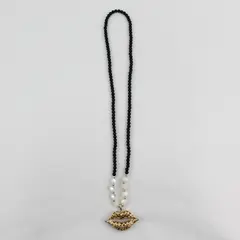 Onyx And Moonstone Beaded Necklace With Rhinestone Lips Pendant