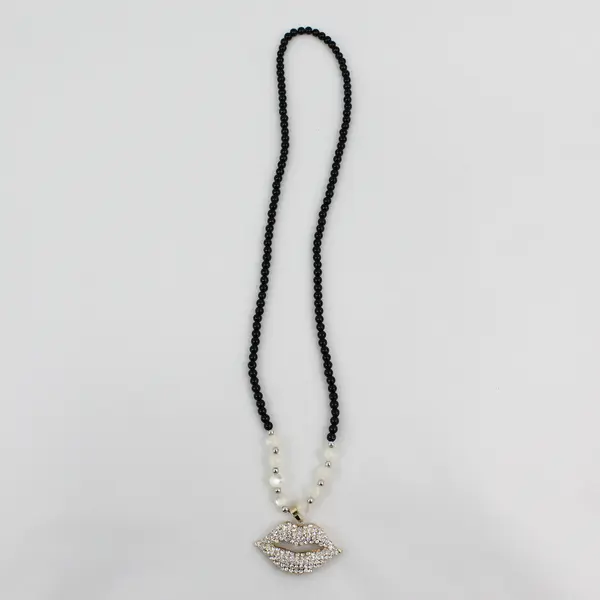 Onyx And Moonstone Beaded Necklace With Rhinestone Lips Pendant