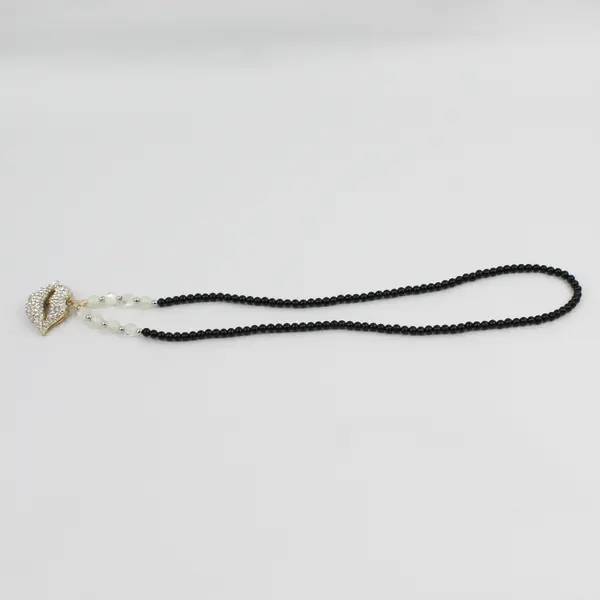 Onyx And Moonstone Beaded Necklace With Rhinestone Lips Pendant