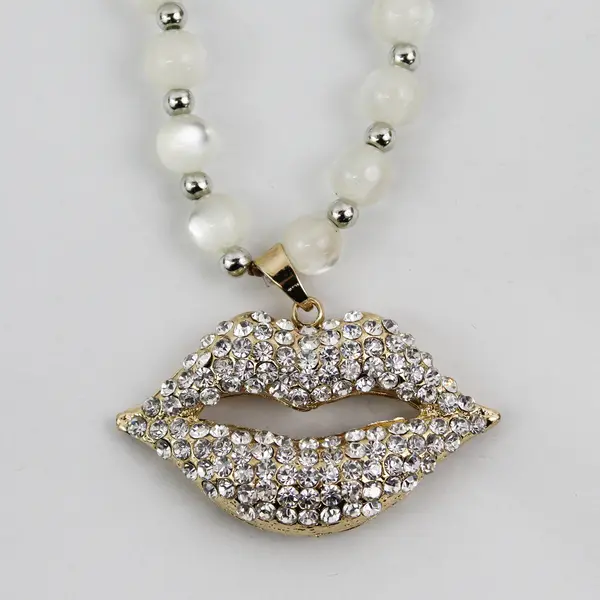 Onyx And Moonstone Beaded Necklace With Rhinestone Lips Pendant