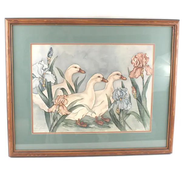 Grace Feyock Geese & Iris Flowers Framed Mat & Signed Watercolor Print 790/1000