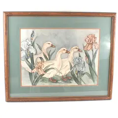 Grace Feyock Geese & Iris Flowers Framed Mat & Signed Watercolor Print 790/1000