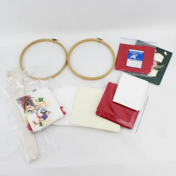 Vintage Lot of 12 Cross Stitch Supplies Fabrics Hoops Thread