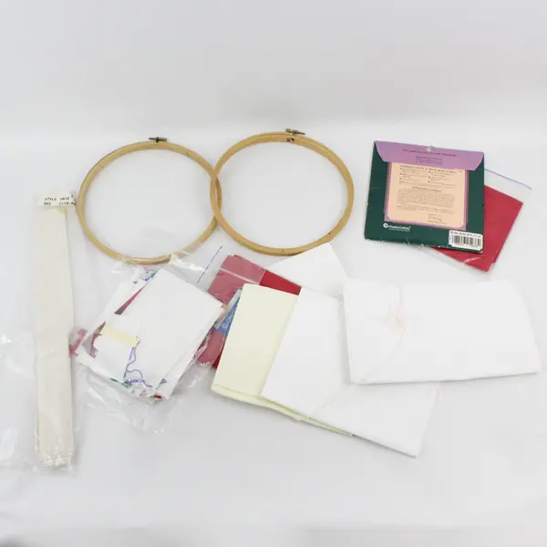 Vintage Lot of 12 Cross Stitch Supplies Fabrics Hoops Thread