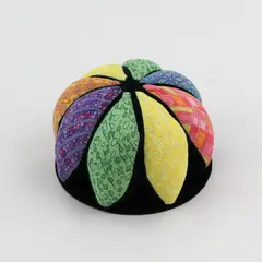 Vintage Multicolor Fabric & Green Velvet Segmented Pincushion w/Base