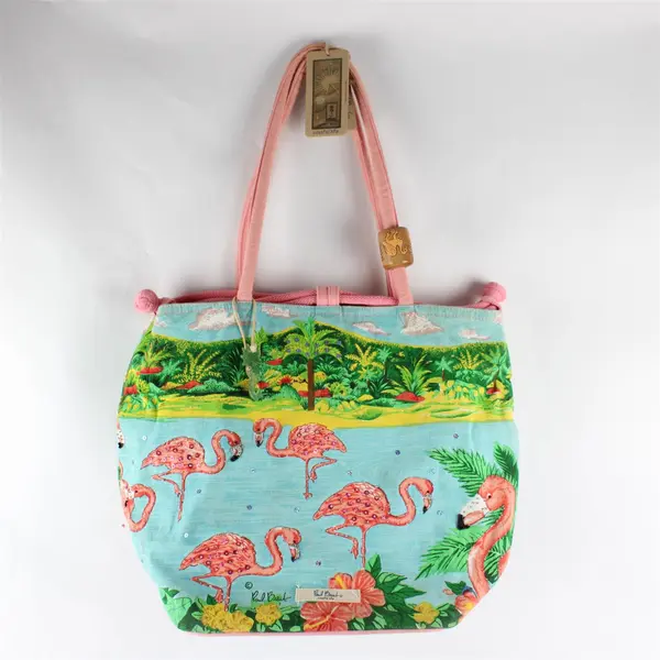 Paul Brent Coastal Life Flamingo Tropical Sequined Beaded Canvas Tote Bag