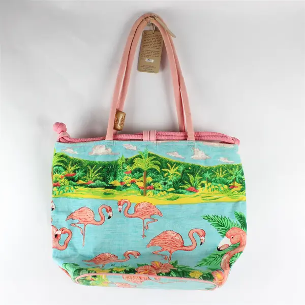Paul Brent Coastal Life Flamingo Tropical Sequined Beaded Canvas Tote Bag