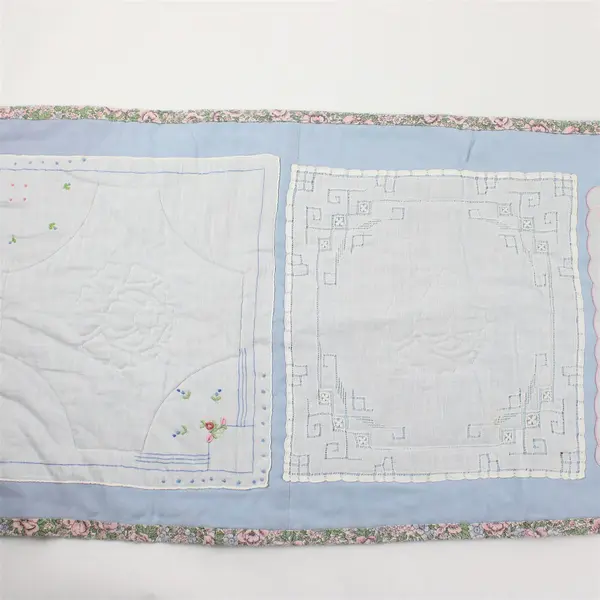 Quilted Floral Table Runner Made From Old Handkerchiefs on Light Blue 53" x 14"