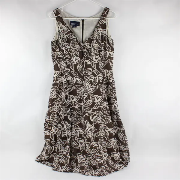 Jones New York Signature Sleeveless Leaf Print Cotton Dress Brown White Sz 8