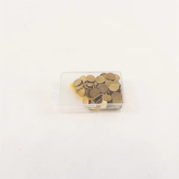 Lot of 62 Copper Thumb Tacks and 1 Tack Remover in clear Plastic Box