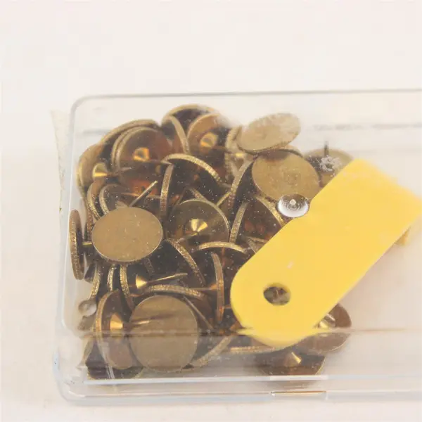 Lot of 62 Copper Thumb Tacks and 1 Tack Remover in clear Plastic Box