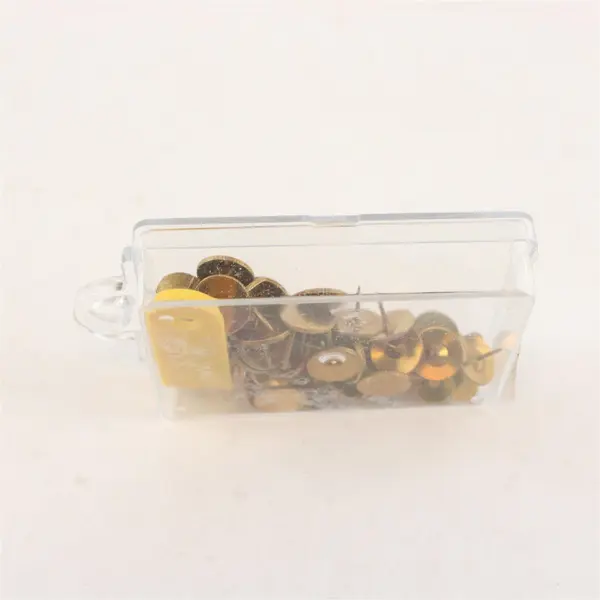 Lot of 62 Copper Thumb Tacks and 1 Tack Remover in clear Plastic Box