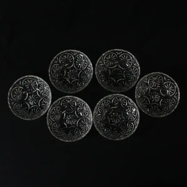 Lot of 6 Anchor Hocking Medallion Pattern Clear Glass Fruit Bowls 4.5in