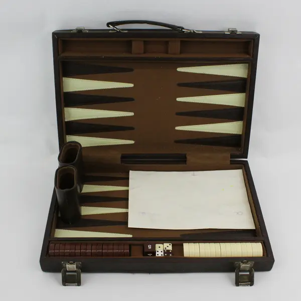 Vintage Backgammon Game Set Faux Leather Brown Case 15x10 Complete 