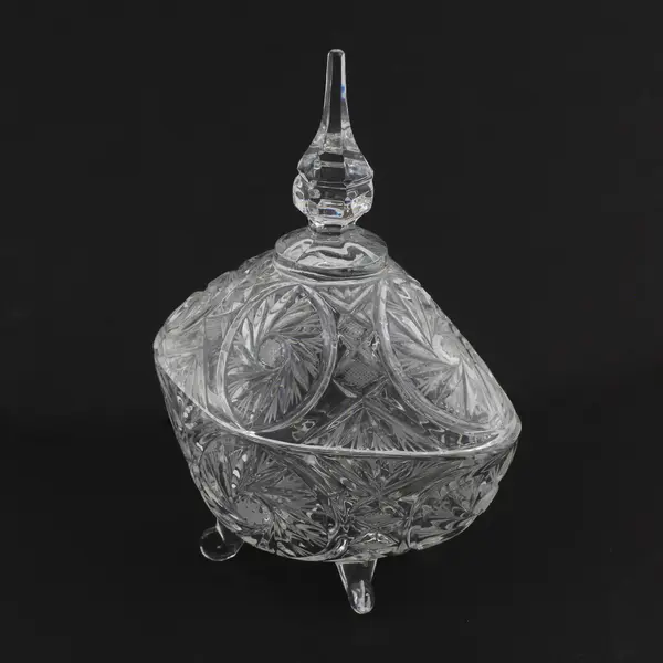 Crystal Clear Vintage Lead Crystal Footed Covered Candy Dish Poland 9.5"