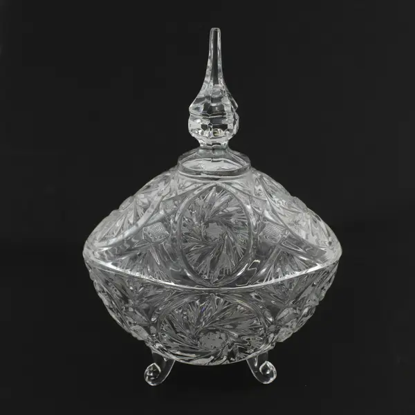 Crystal Clear Vintage Lead Crystal Footed Covered Candy Dish Poland 9.5"