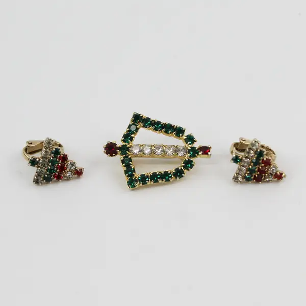 Lot of 3 Vintage Rhinestone Christmas Holiday Clip-On Earrings and Brooch