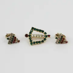 Lot of 3 Vintage Rhinestone Christmas Holiday Clip-On Earrings and Brooch