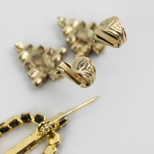 Lot of 3 Vintage Rhinestone Christmas Holiday Clip-On Earrings and Brooch
