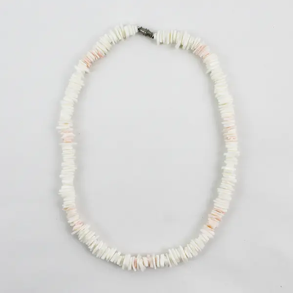 White and Pink Beaded Puka Shell Necklace Barrel Clasp 17"