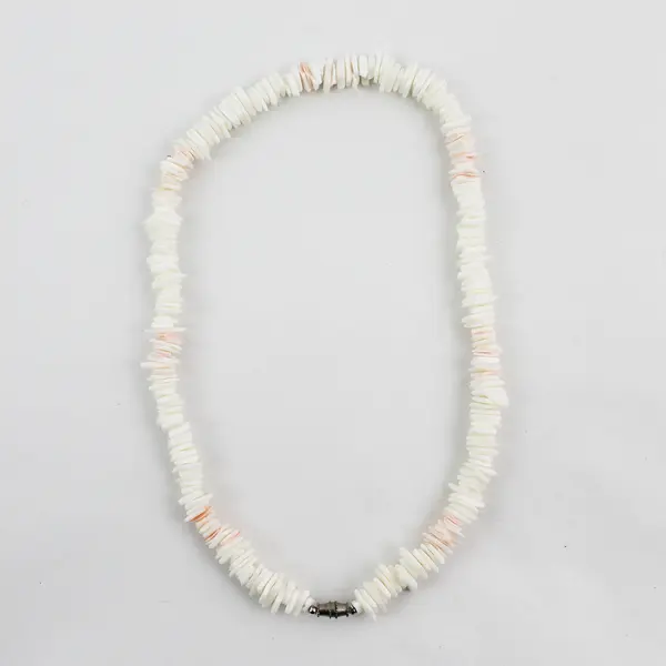 White and Pink Beaded Puka Shell Necklace Barrel Clasp 17"