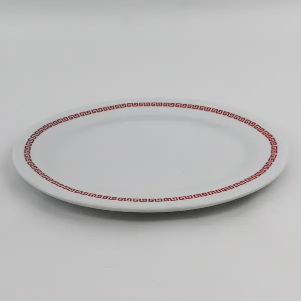  12 Inch White Oval Ceramic Platter With Red Greek Key Pattern