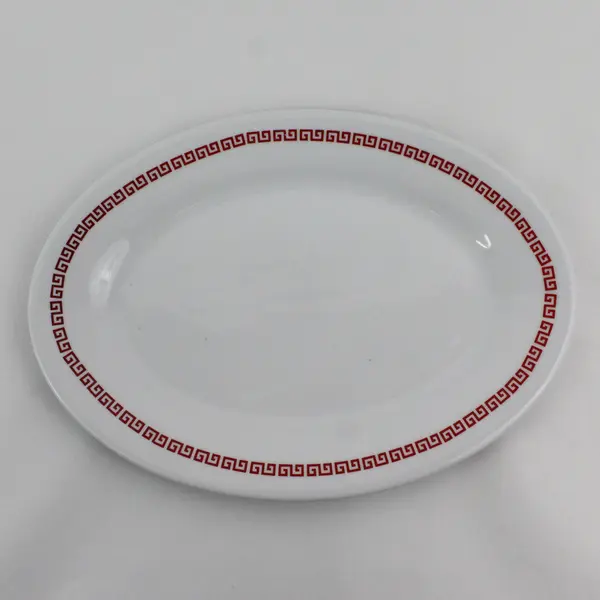  12 Inch White Oval Ceramic Platter With Red Greek Key Pattern