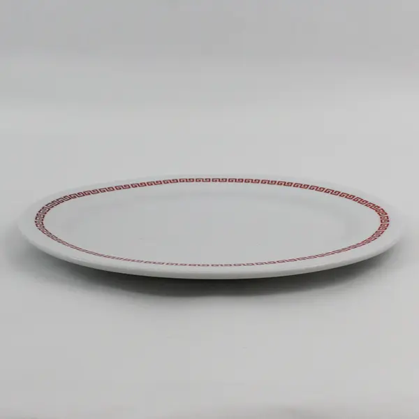  12 Inch White Oval Ceramic Platter With Red Greek Key Pattern