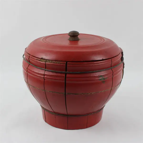 Vintage Chinese Cherry Red Lacquered Rice Bucket With Lid