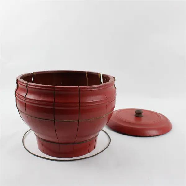 Vintage Chinese Cherry Red Lacquered Rice Bucket With Lid