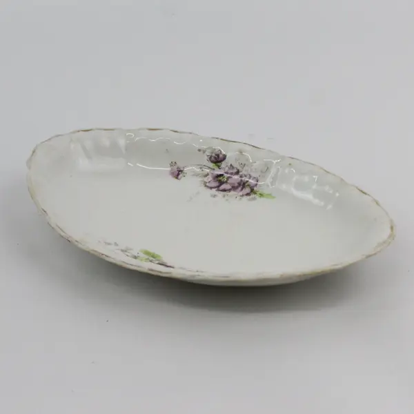 Vintage Dresden Oval Porcelain Bowl White Purple Violets Gold Trim 8.25"