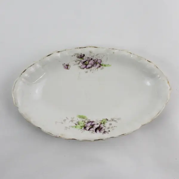 Vintage Dresden Oval Porcelain Bowl White Purple Violets Gold Trim 8.25"