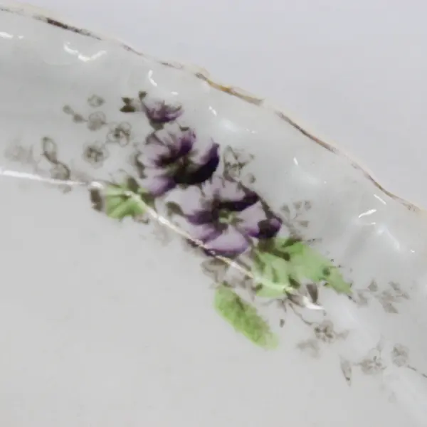 Vintage Dresden Oval Porcelain Bowl White Purple Violets Gold Trim 8.25"