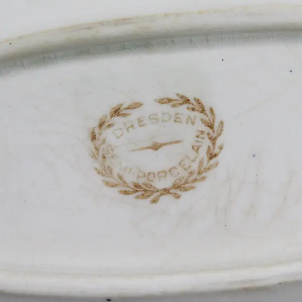 Vintage Dresden Oval Porcelain Bowl White Purple Violets Gold Trim 8.25"