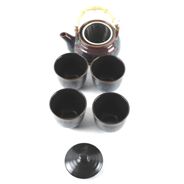 Simple Dining Multicolor Ceramic Bamboo Handle Teapot & Teacups