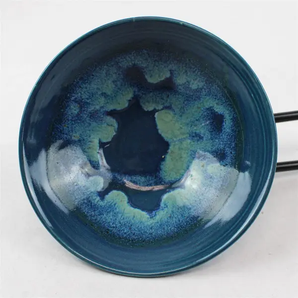 Studio Art Pottery Ocean Blue Drip Glaze Stoneware Footed Serving Bowl