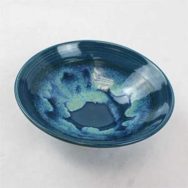 Studio Art Pottery Ocean Blue Drip Glaze Stoneware Footed Serving Bowl