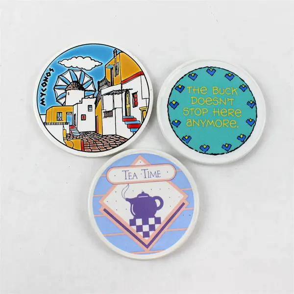 Lot of 3 Ceramic Coasters Tea Time Myconos Buck Doesn't Stop Here Anymore